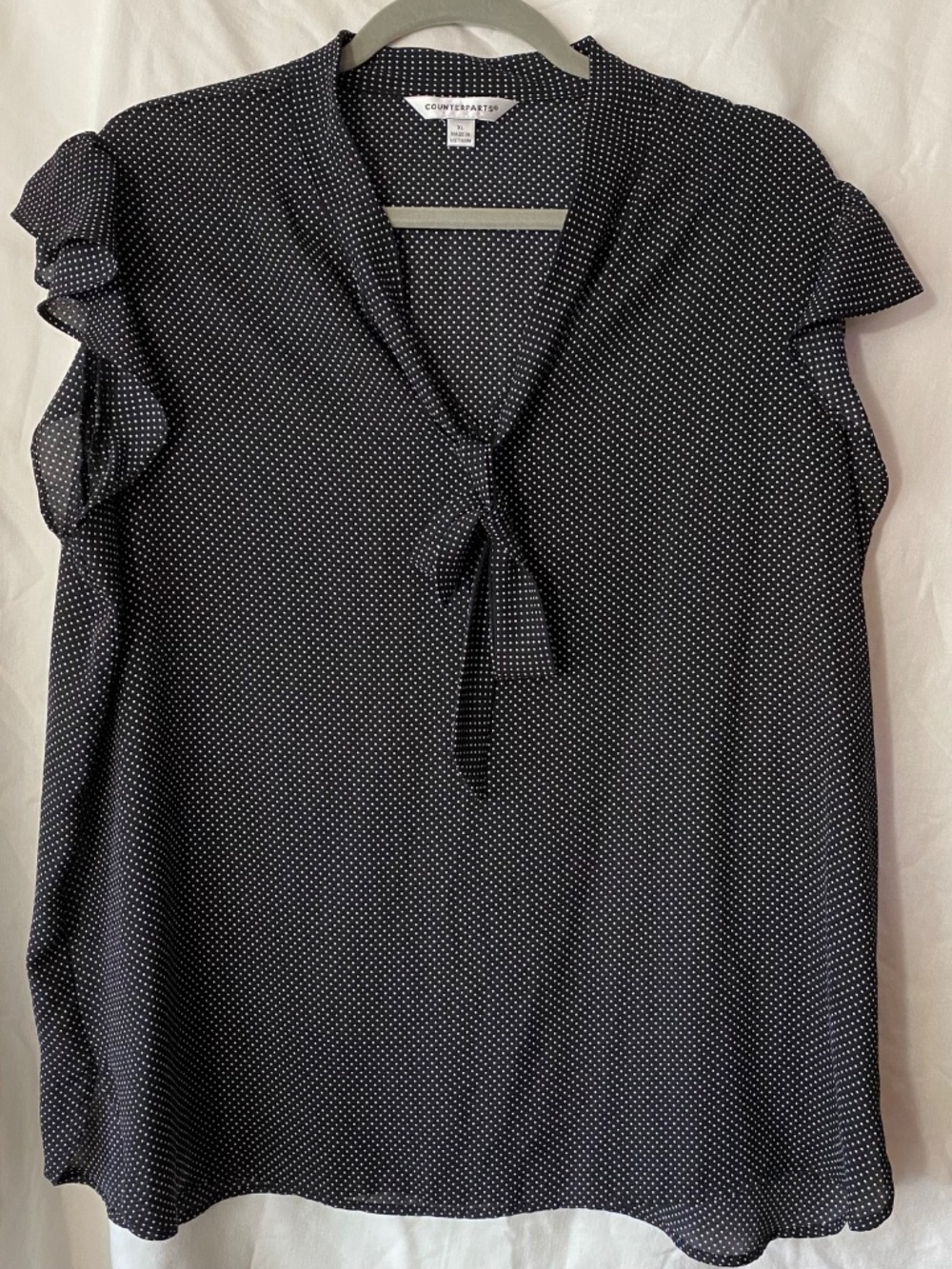 Counterparts Black White Polka Dot Blouse Top W Short Flutter Sleeve &Tie XL